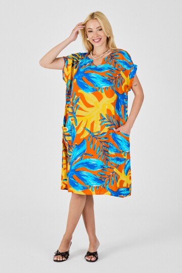 Mavi-Sarı Tropik Desenli V Yaka Rahat Kesim Elbise