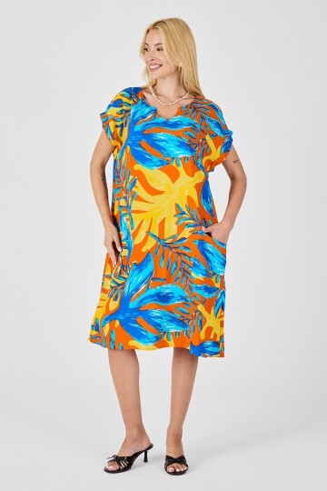 Mavi-Sarı Tropik Desenli V Yaka Rahat Kesim Elbise