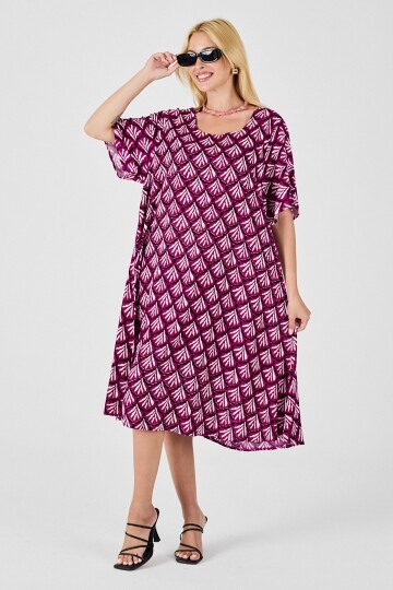 Fuşya U Yaka Kısa Kollu Midi Boy Desenli Elbise