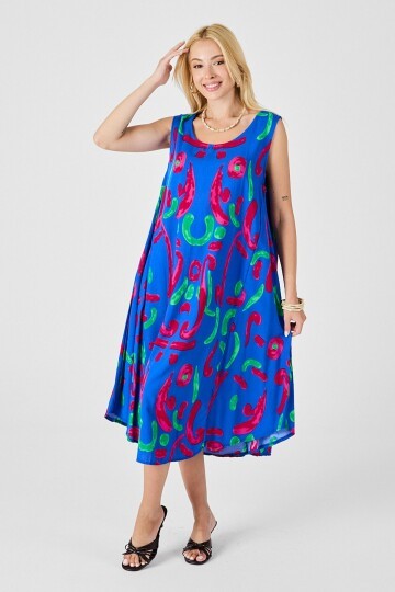 Mavi U Yaka Kolsuz Asimetrik Kesim Midi Boy Elbise