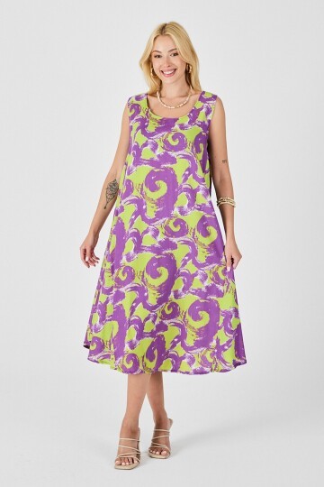 Mor U Yaka Kolsuz Asimetrik Kesim Midi Boy Elbise