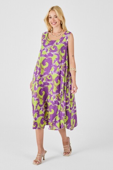 Mor U Yaka Kolsuz Asimetrik Kesim Midi Boy Elbise