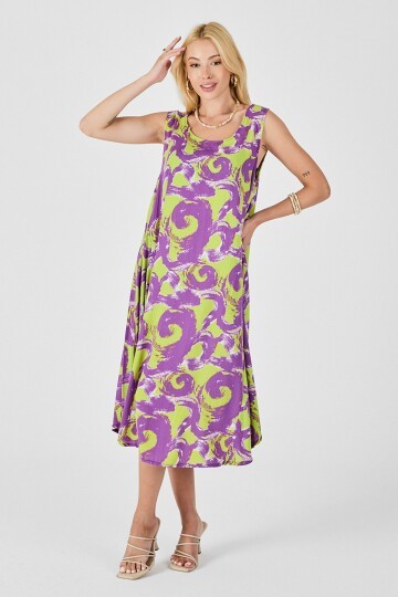 Mor U Yaka Kolsuz Asimetrik Kesim Midi Boy Elbise