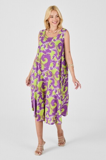 Mor U Yaka Kolsuz Asimetrik Kesim Midi Boy Elbise