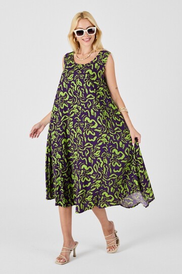 Mor U Yaka Kolsuz Eteği Asimetrik Kesim Desenli Midi Boy Elbise