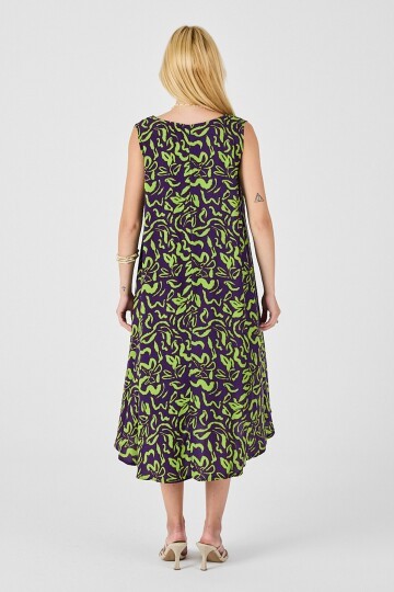 Mor U Yaka Kolsuz Eteği Asimetrik Kesim Desenli Midi Boy Elbise