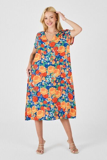 Mix V Yaka Kısa Kollu Midi Boy Desenli Elbise