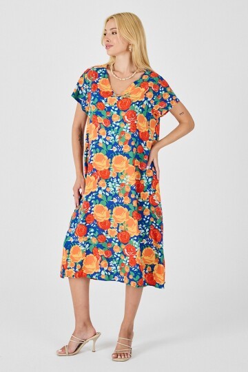 Mix V Yaka Kısa Kollu Midi Boy Desenli Elbise