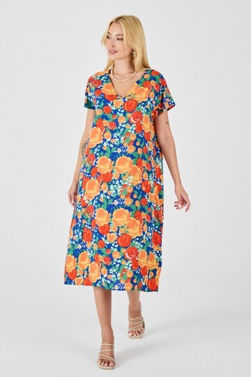 Mix V Yaka Kısa Kollu Midi Boy Desenli Elbise