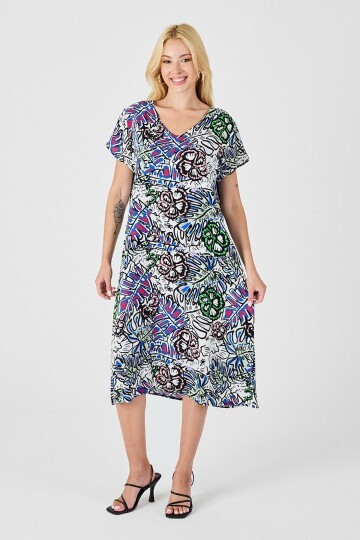 Yeşil Çiçekli V Yaka Kısa Kollu Midi Boy Desenli Elbise
