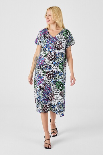 Yeşil Çiçekli V Yaka Kısa Kollu Midi Boy Desenli Elbise