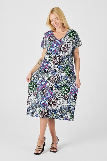 Yeşil Çiçekli V Yaka Kısa Kollu Midi Boy Desenli Elbise