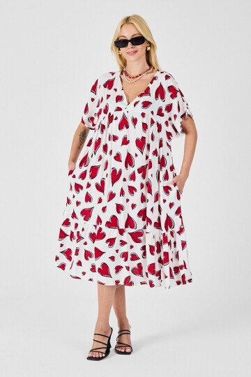 Kırmızı-Beyaz V Yaka Oversize Kesim Desenli Çift Cepli Volanlı Elbise