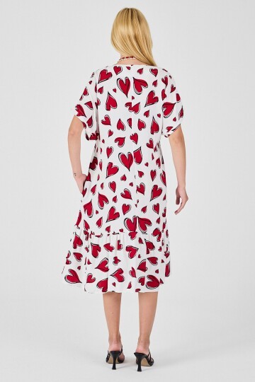 Kırmızı-Beyaz V Yaka Oversize Kesim Desenli Çift Cepli Volanlı Elbise