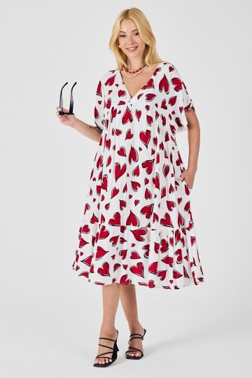 Kırmızı-Beyaz V Yaka Oversize Kesim Desenli Çift Cepli Volanlı Elbise