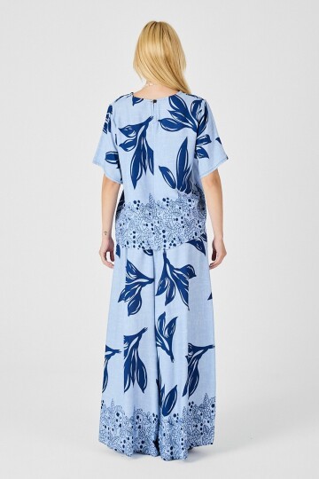 Buz Mavi Yaprak Desenli Oversize Bluz ve Bol Paça Pantolon Takım