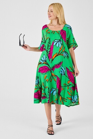 Yeşil Yaprak Desenli U Yaka Kısa Kollu Midi Boy Elbise