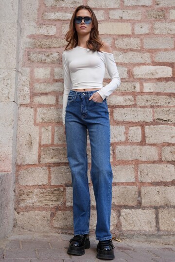 5 Cepli Eskitmeli Yüksek Bel Düz Paça Jean