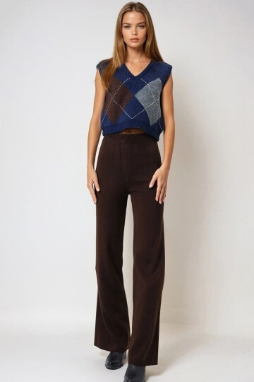 Acı Kahve Yüksek Bel Beli Lastikli Triko Palazzo Pantolon