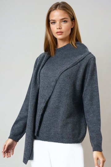 Antrasit Şal Detaylı Bisiklet Yaka Triko Kazak
