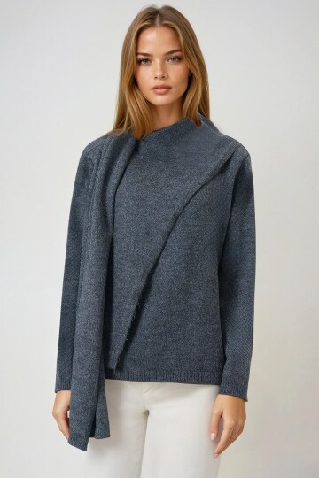 Antrasit Şal Detaylı Bisiklet Yaka Triko Kazak