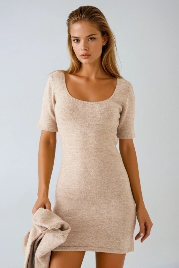 Bej Kısa Kollu Triko Mini Elbise Ve Düğmeli Hırka Takım