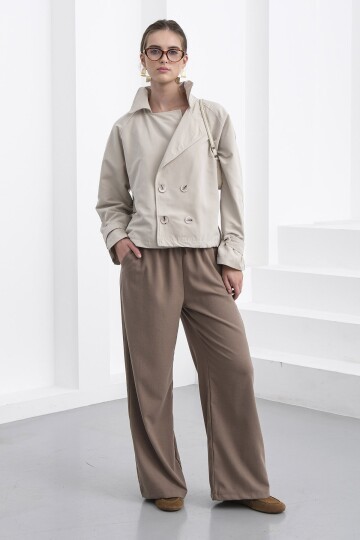 Beli Lastikli Çift Cepli Geniş Paça Pantolon