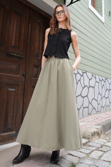 Beli Lastikli Kemer Detaylı Çift Cepli Midi Boy Etek