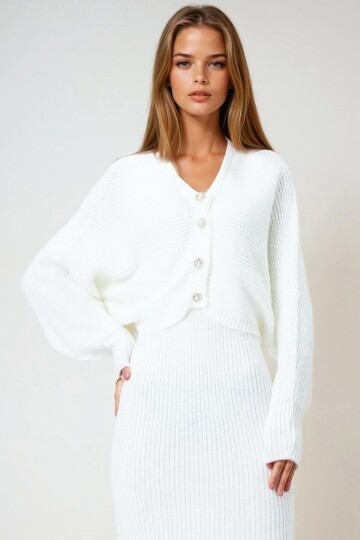 Düğme Kapamalı Crop Hırka ve Ön Arka V Yaka Fitilli Triko Elbise Takım