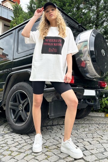 Bisiklet Yaka Baskılı Oversize T-Shirt