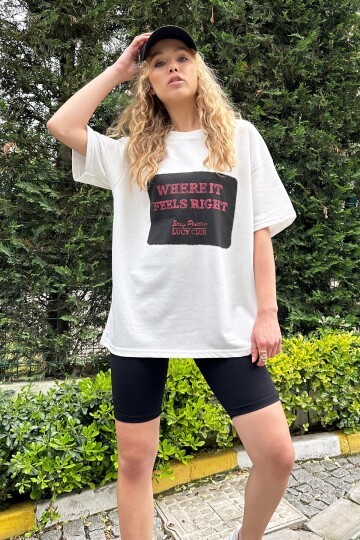 Bisiklet Yaka Baskılı Oversize T-Shirt
