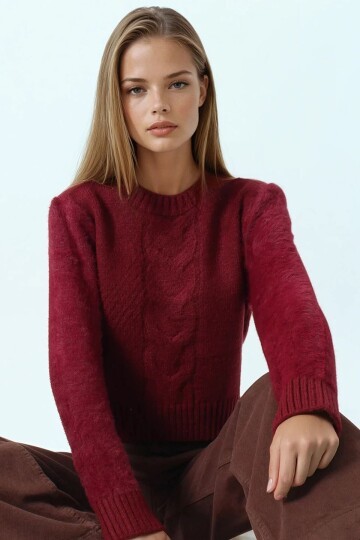 Bisiklet Yaka Bel Ve Kolları Ribana Detaylı Püsküllü Triko Kazak