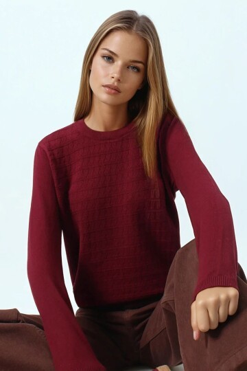 Bisiklet Yaka Dokulu Örgü Desenli Uzun Kollu Triko Bluz