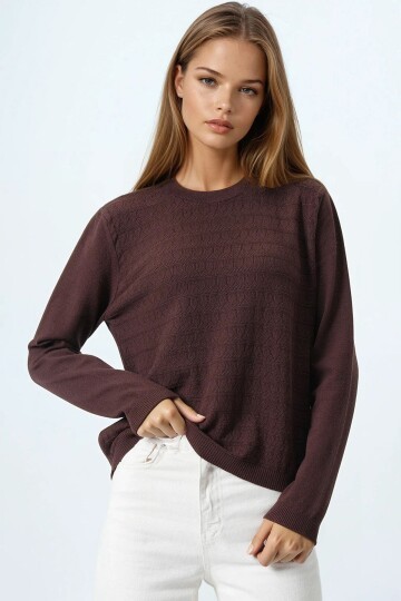 Bisiklet Yaka Dokulu Örgü Desenli Uzun Kollu Triko Bluz