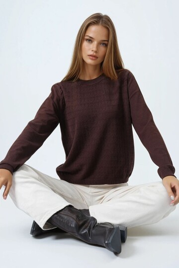 Bisiklet Yaka Dokulu Örgü Desenli Uzun Kollu Triko Bluz