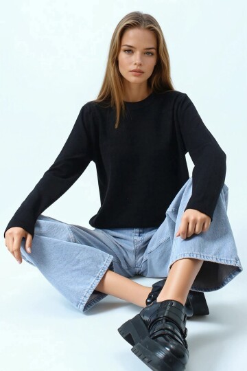 Bisiklet Yaka Dokulu Örgü Desenli Uzun Kollu Triko Bluz