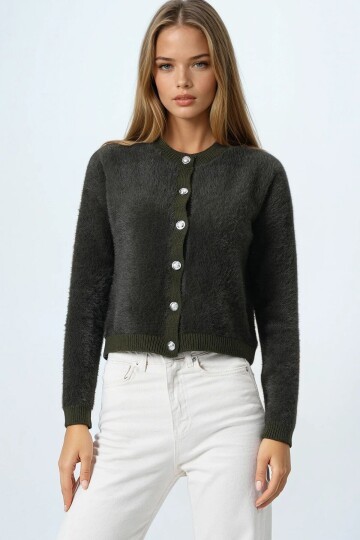 Bisiklet Yaka Düğme Kapamalı Püskülü Hırka