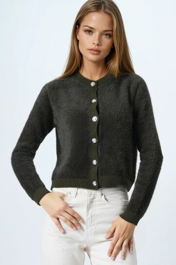 Bisiklet Yaka Düğme Kapamalı Püskülü Hırka