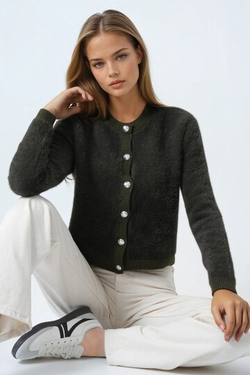 Bisiklet Yaka Düğme Kapamalı Püskülü Hırka