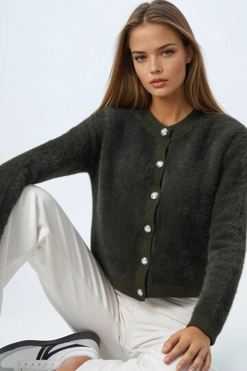 Bisiklet Yaka Düğme Kapamalı Püskülü Hırka