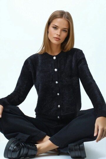 Bisiklet Yaka Düğme Kapamalı Püskülü Hırka