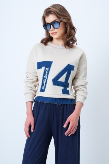 Bisiklet Yaka Jean Garneli Ve Nakışlı Şardonlu Tasarım Sweatshirt