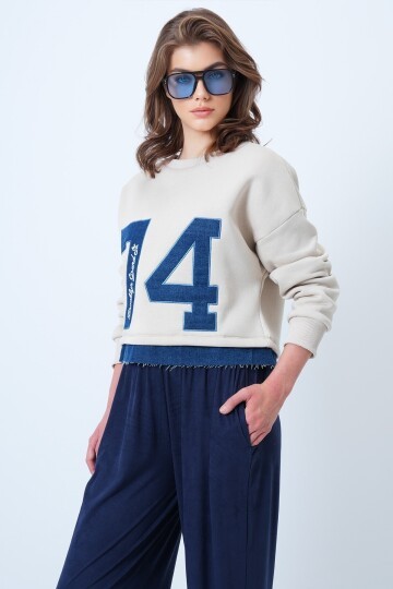 Bisiklet Yaka Jean Garneli Ve Nakışlı Şardonlu Tasarım Sweatshirt