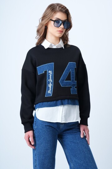 Bisiklet Yaka Jean Garneli Ve Nakışlı Şardonlu Tasarım Sweatshirt