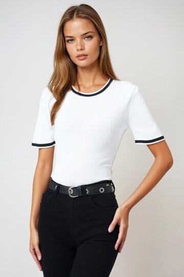 Bisiklet Yaka Kısa Kollu Triko Bluz