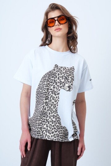 Bisiklet Yaka Leopar Baskılı Pamuk T-Shirt