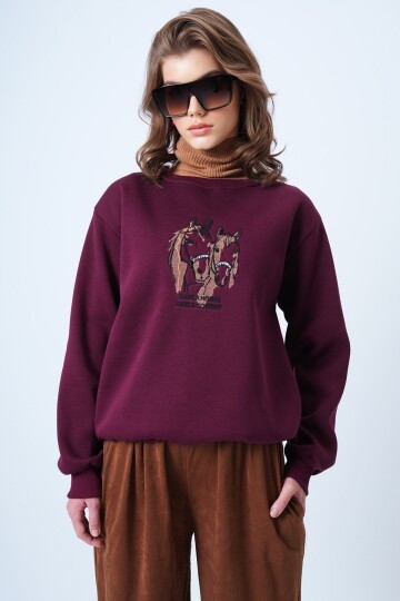 Bisiklet Yaka Nakışlı  İçi Şardonlu 3 İplik Sweatshirt