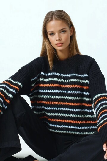 Bisiklet Yaka Örgü Detaylı Çizgili Triko Kazak