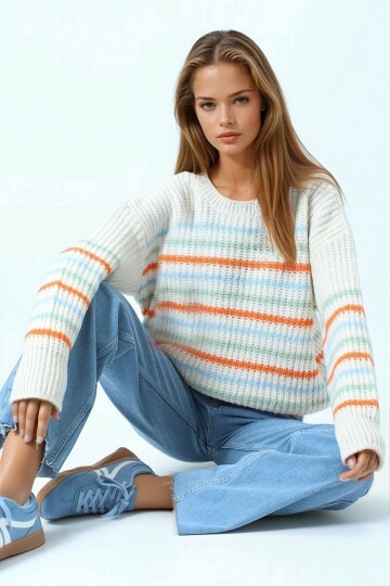 Bisiklet Yaka Örgü Detaylı Çizgili Triko Kazak