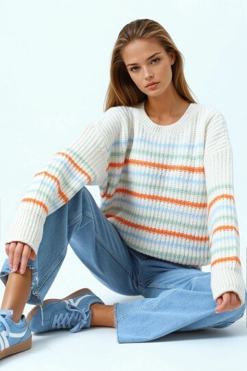 Bisiklet Yaka Örgü Detaylı Çizgili Triko Kazak